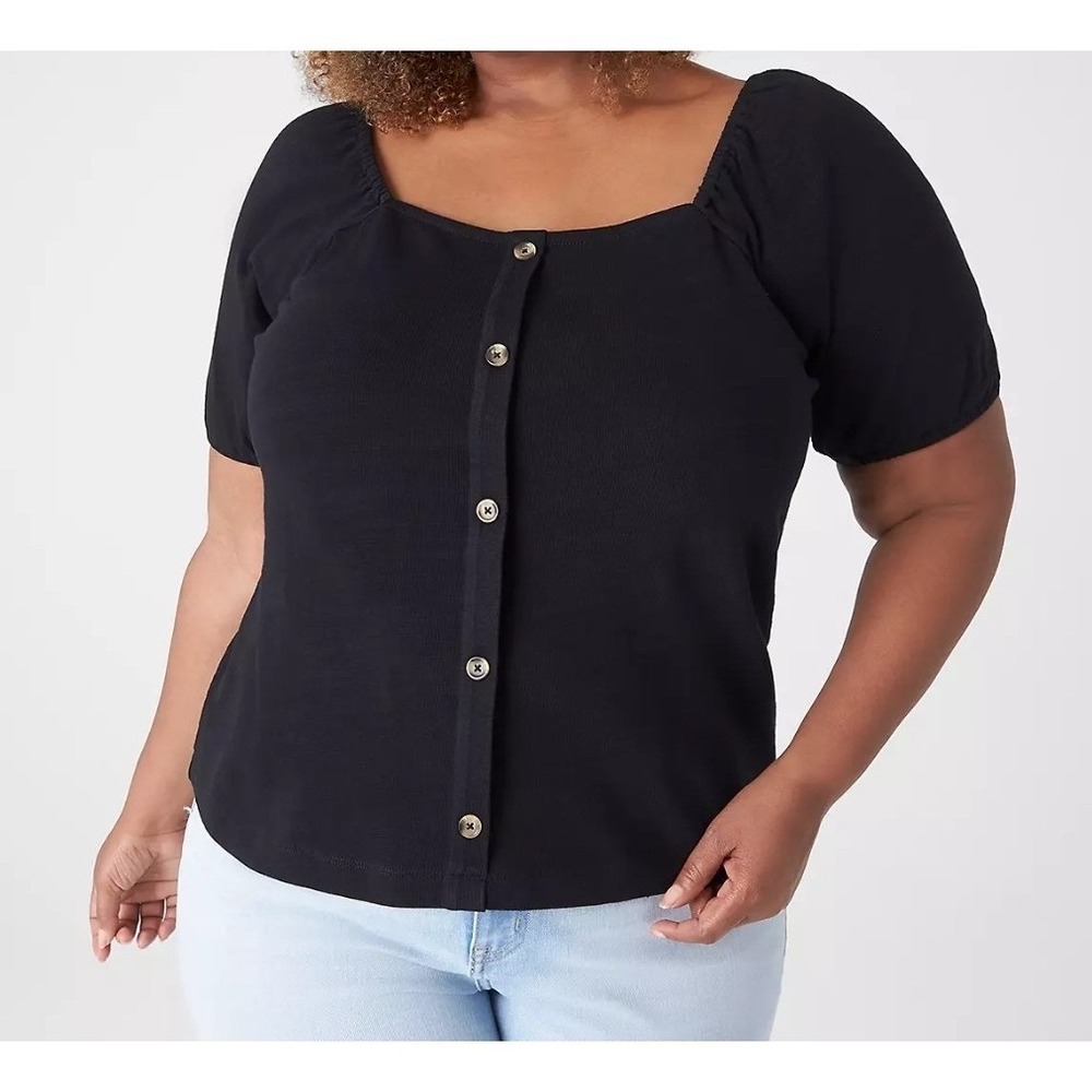 Lane Bryant Top Women's 22/24 Black Square Neck Faux Button Front Short Sleeve